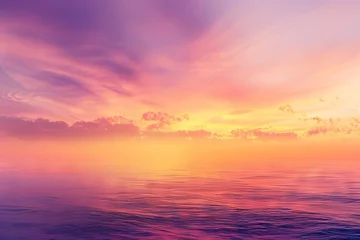 Zelfklevend Fotobehang Vibrant purple, orange, and yellow gradient sunset sky over the sea, ethereal fantasy landscape © furyon