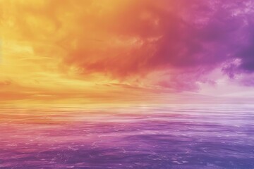 Vibrant purple, orange, and yellow gradient sunset sky over the sea, ethereal fantasy landscape