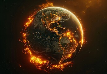 a planet earth with flames around it