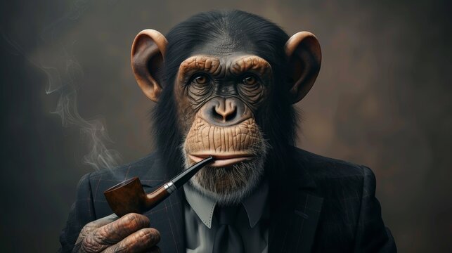A monkey with a suit and tie smoking a pipe, AI