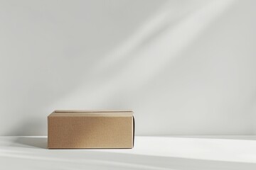Eco-friendly packaging concept with a single brown cardboard box on a clean, white background