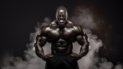 Fototapeta na wymiar Muscular and Mighty, Explosive Power and Definition of a Black Bodybuilder Amidst Smoke, Generative AI