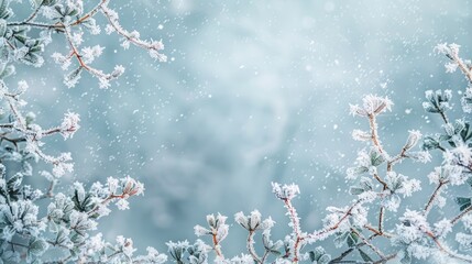the beauty of frosty mornings with a border of delicate frost patterns against a pale blue background. - obrazy, fototapety, plakaty