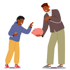 Father Guides His Son, Imparting The Value Of Saving By Dropping Coins Into A Piggy Bank, Teaching Financial Wisdom
