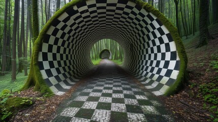 A tunnel with a checkered pattern in the middle of it, AI