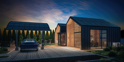 Green Energy on a Modern Home With Charging Station for Electric Car During the Sunset - 3D Visualization - 779942025
