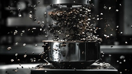 Coffee beans scattering in mid-air as they are ground by a professional-grade coffee grinder.
 - obrazy, fototapety, plakaty