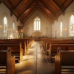 a church with wooden benches and stained glass windows