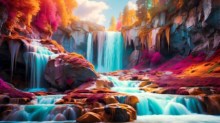 Chromatic Cascade: A waterfall of cascading colors, with vibrant hues blending seamlessly into one another, creating a dynamic and mesmerizing pattern - obrazy, fototapety, plakaty