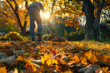 Serene autumn landscape with person raking colorful fallen leaves in picturesque garden - obrazy, fototapety, plakaty
