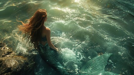 With a mesmerizing gaze and flowing locks, a mermaid reclines on a rocky outcrop, her tail swayi