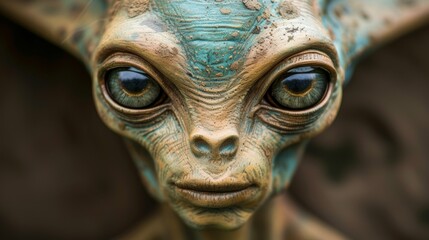 A close up of a statue with large eyes and ears, AI