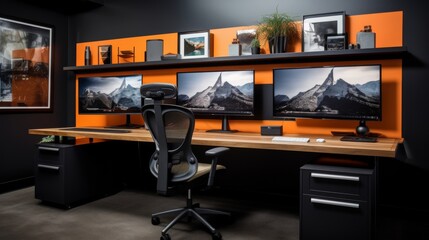 A customized workstation with a laptop, a monitor, and a keyboard