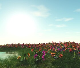 Beautiful green meadow with flowers, meadow of flowers on the lake, 3D rendering