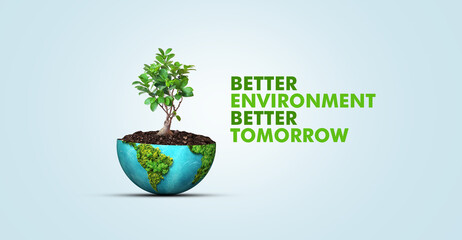 World environment day and earth day 3d concept background. Ecology concept. Design with globe map drawing and leaves isolated on white background. Better Environment, Better Tomorrow. - obrazy, fototapety, plakaty
