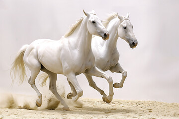 Obraz na płótnie Canvas Beautiful white arabian horses running over a white background