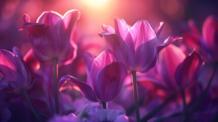 A close up of a bunch of purple flowers with the sun behind them, AI