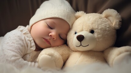 A teddy bear cuddles a sleeping baby in a cozy bed