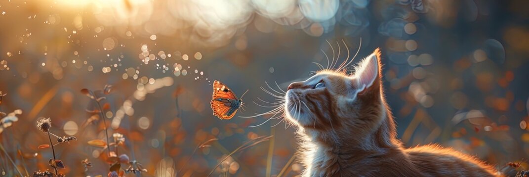 Serene image of a cat gracefully swatting at a colorful butterfly, creating