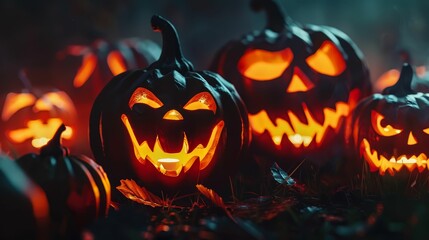 illuminated carved pumpkins with different evil faces in darkness at Halloween night - obrazy, fototapety, plakaty