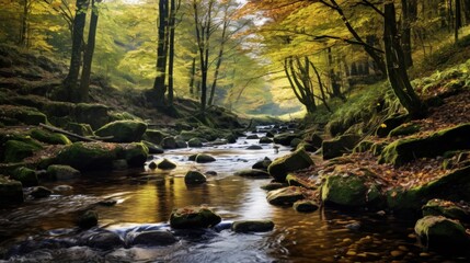 Obraz premium A beautiful nature scene with a stream and trees in fall