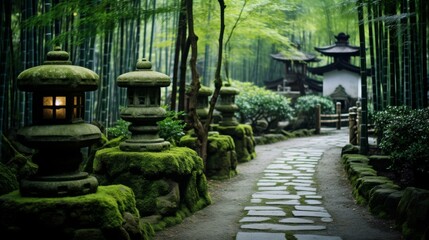 A serene and peaceful scene of a tranquil bamboo grove with stone lanterns that create a warm and...