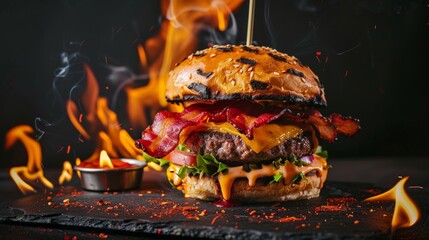cheeseburger on a black mat stone plate with bacon slice with fire around, the back ground is black and dark 