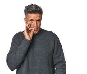 Middle-aged Latino man with fingers on lips keeping a secret.