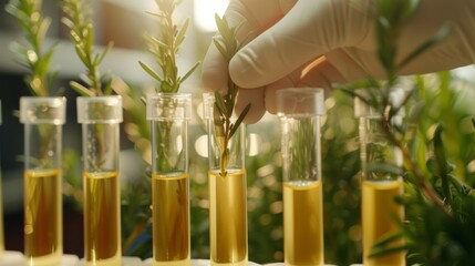 A person is holding a plant in the hand and putting it into test tubes, AI