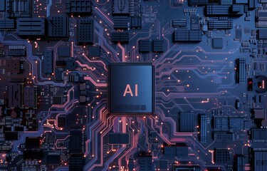 Artificial intelligence micro chip with AI text on chip - obrazy, fototapety, plakaty
