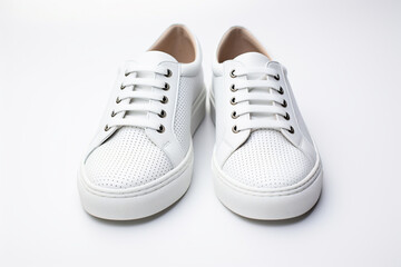 A close-up shot of a pair of white leather sneakers with perforated details, on a pristine white background.