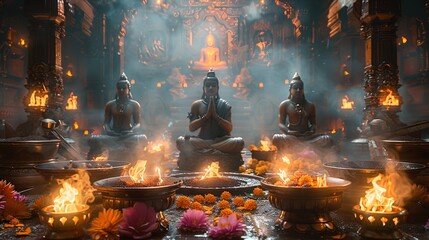 In a sacred ceremony, worshippers bow before the gods, offering prayers and incense as they seek - obrazy, fototapety, plakaty
