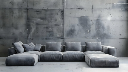 Grey modular couch against a concrete wall in a room. Modern living room interior design of loft home