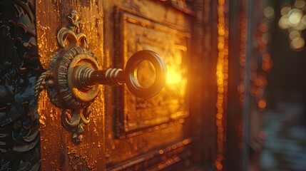 Fulfilling Destiny: A key unlocks a door, revealing a bright future filled with possibiliti - obrazy, fototapety, plakaty