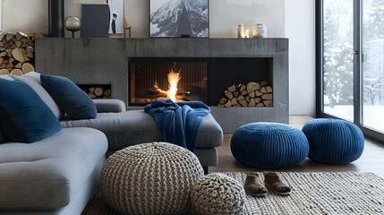 Grey sofa with blue pillows next to the fireplace and beige knit pouffes in between. a warm and inviting winter setting. Scandinavian interior design for a contemporary living room - obrazy, fototapety, plakaty