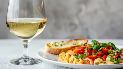 Delicious vegetarian pasta primavera with a side of bruschetta and white wine