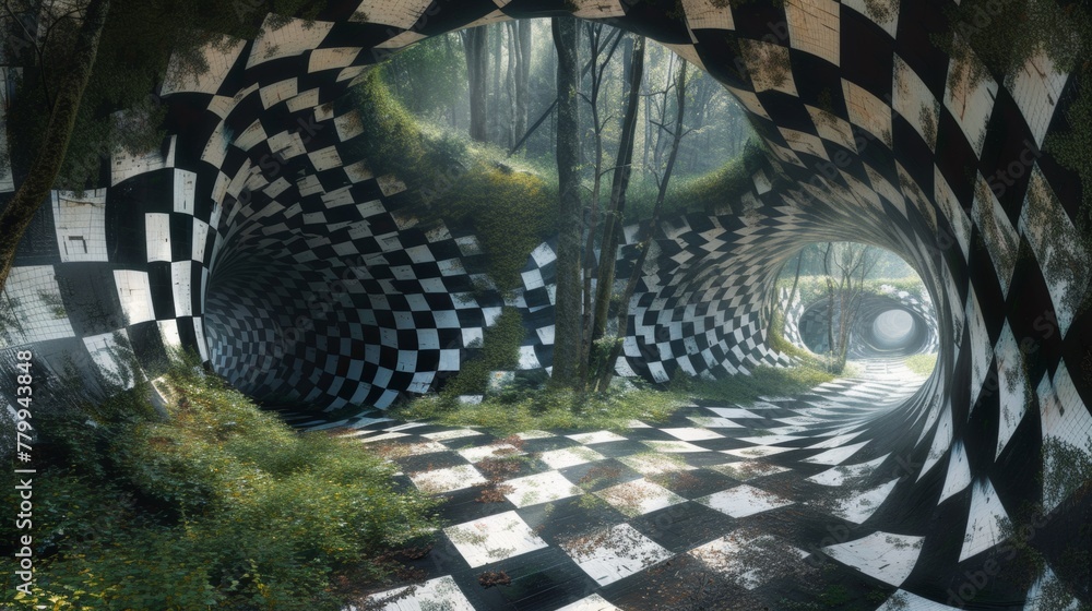 Poster a tunnel with a checkered pattern in the middle of it, ai