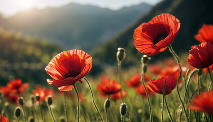Red poppy. Poppy blossom. Mountain landscape with blooming red poppy at sunset. Mountain panorama. Selective focus. AI generated