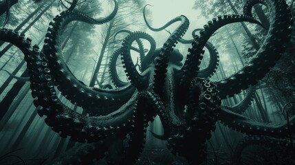 A giant octopus is in the middle of a forest, AI - obrazy, fototapety, plakaty