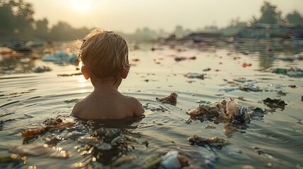 Child wading through river choked with textile waste, emphasizing need for sustainable fashio - obrazy, fototapety, plakaty