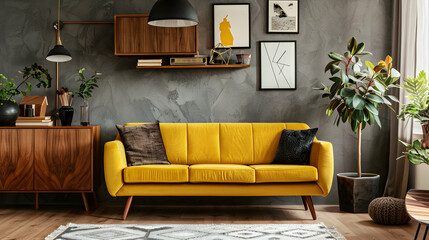 Grey wall with wooden cabinet and yellow sofa. Modern living room interior design by Scandinavian, bohemian designers