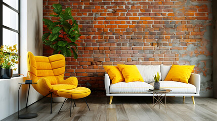 In a room with a brick wall, a yellow accent chair is next to a white sofa with yellow pillows. Scandinavian, loft, minimalist, and contemporary living room interior design in a villa