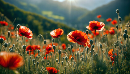 Fototapeta premium Red poppy. Poppy blossom. Mountain landscape with blooming red poppy. Panoramic view of flowering mountain meadows Selective focus. AI generated