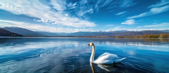 Swans in Serenity: Graceful Dance on a Mountain Mirrored Lake - Generative AI - obrazy, fototapety, plakaty
