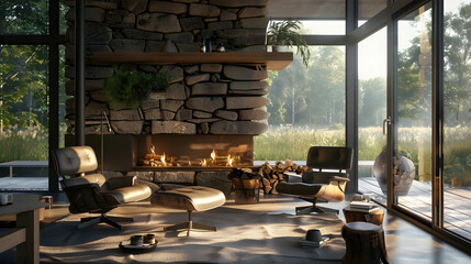 In the room with the fireplace and stone wall are two recliner chairs. Modern living room interior...