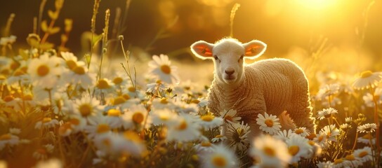 Enchanted Evening: Lamb Basks in the Glow of a Daisy-Filled Sunset - Generative AI - obrazy, fototapety, plakaty