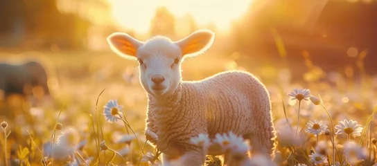Fotobehang Enchanted Evening: Lamb Basks in the Glow of a Daisy-Filled Sunset - Generative AI © Gelpi