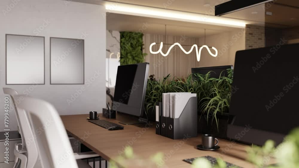Poster 3d render of empty modern office with computer monitor