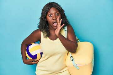 Young curvy woman with cooler and ball is saying a secret hot braking news and looking aside