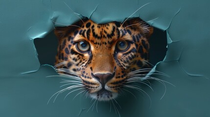 Cute leopard peeking through a hole in a blue paper wall with copy space, banner design. 